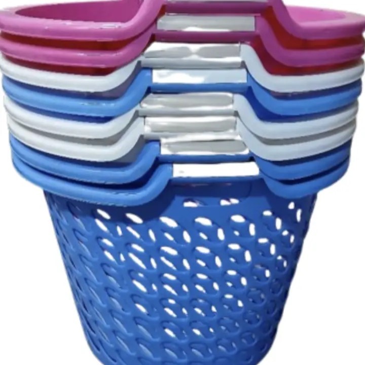 Open round plastic laundry basket with handles